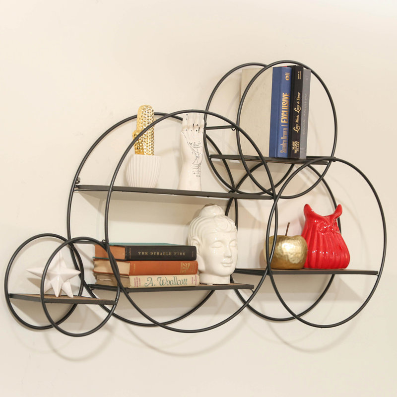 17 Stories Metal Round Wall Shelf with 2 Tier, Drop Leaf and Wooden